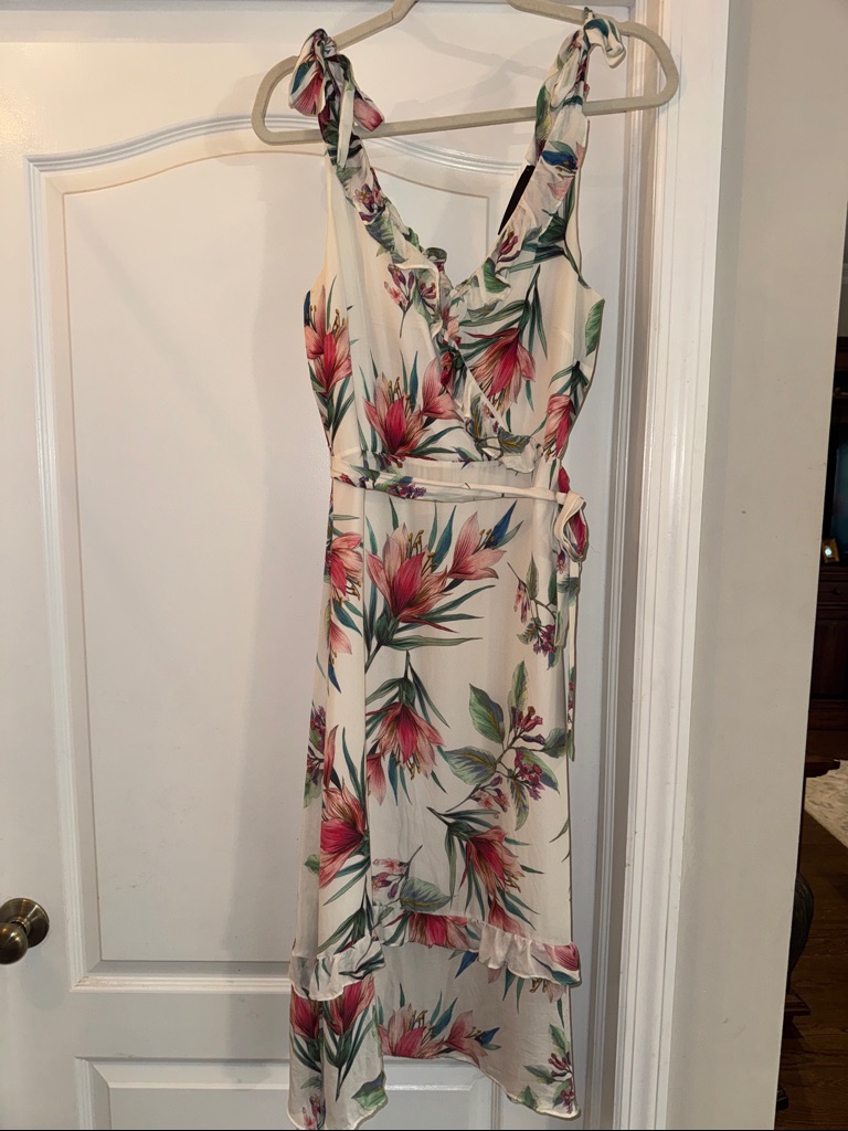 Nicole Miller Collection Floral Print Tie-Shoulder Cream Midi Dress